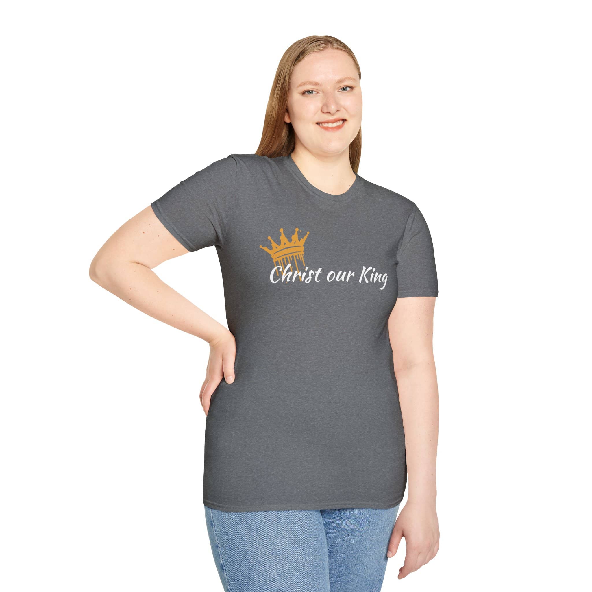 Christian women's t-shirt in gray with gold crown and Christ our King text worn by Logos 