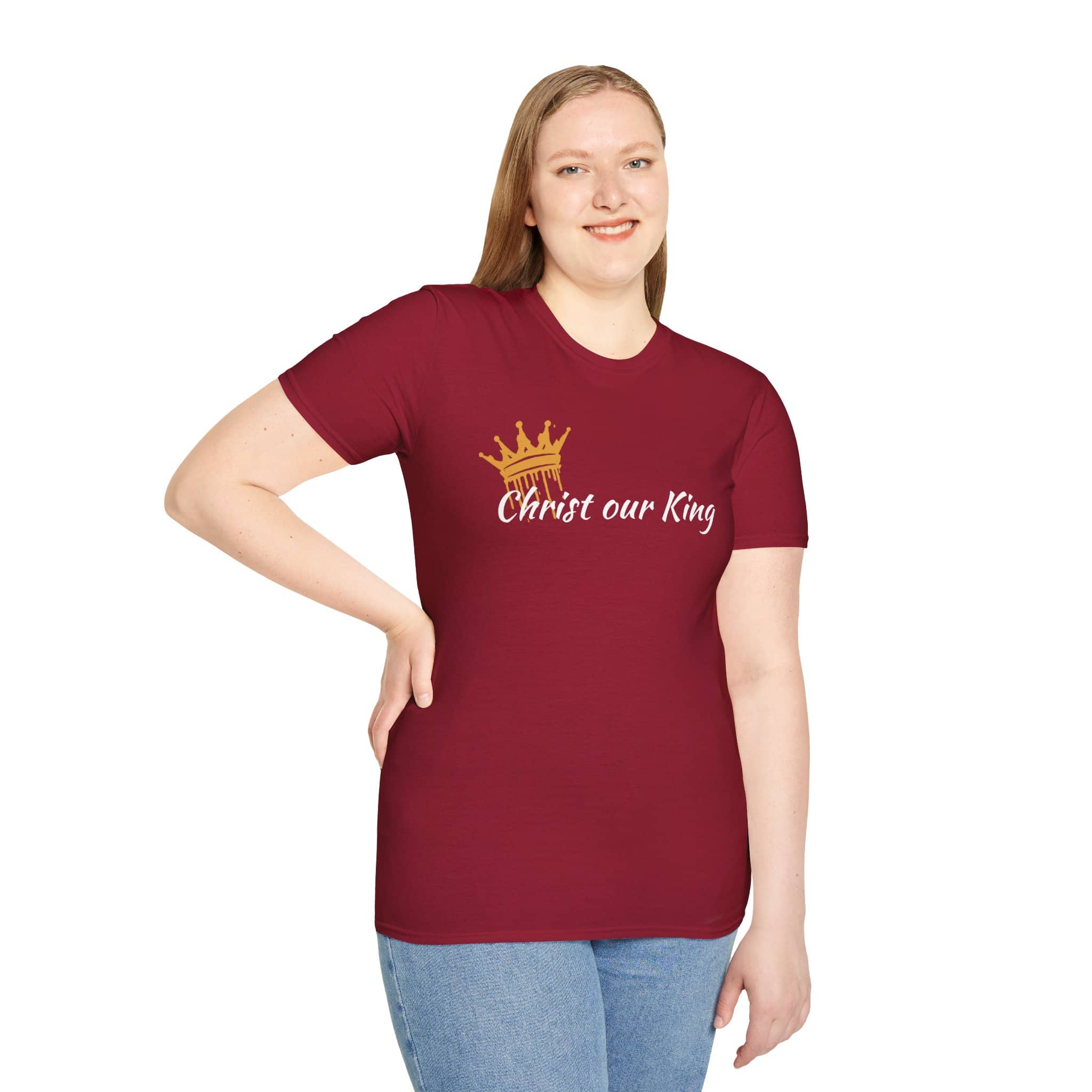 Christian women's t-shirt in maroon with Christ our King text and gold crown design from Logos Co.