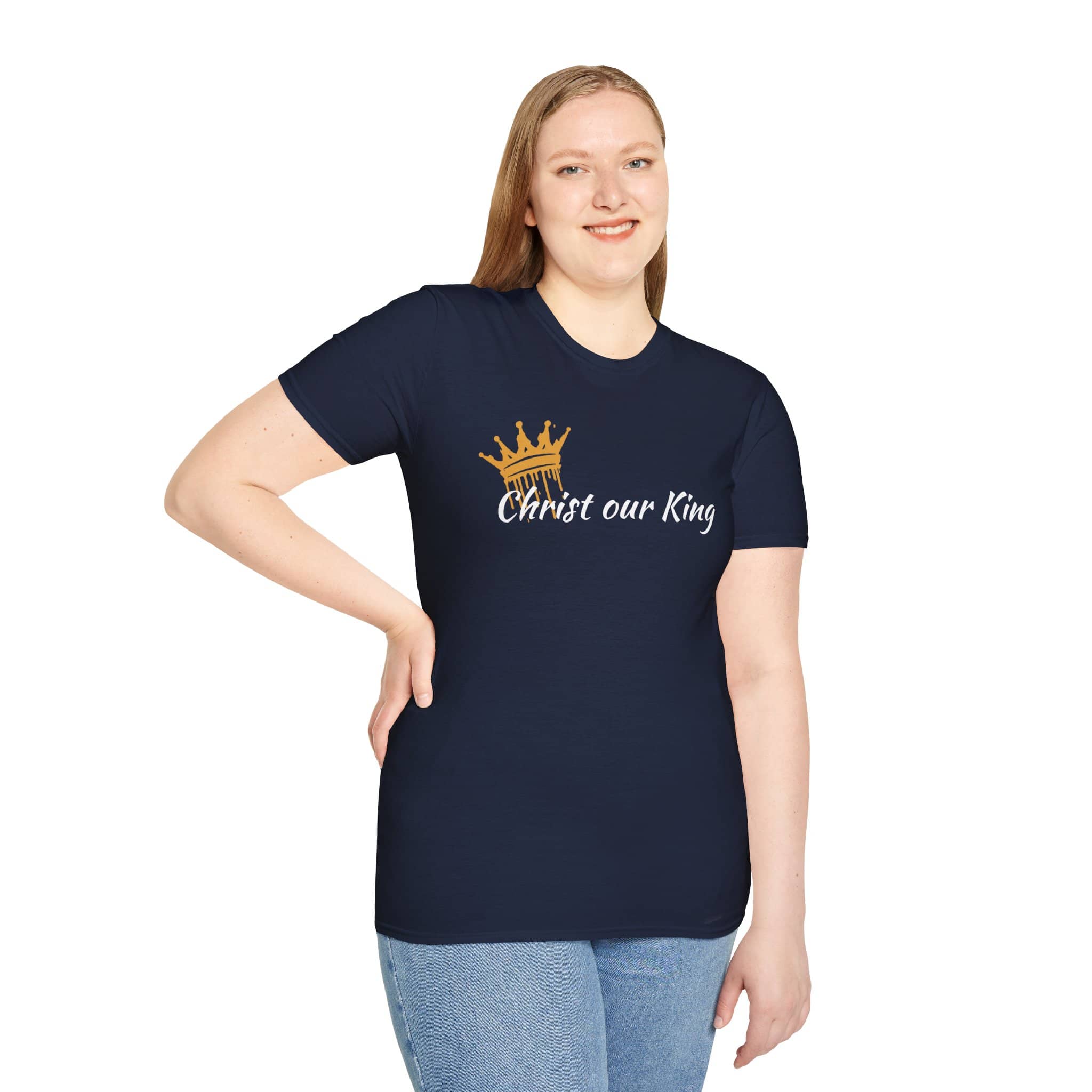 Christian women's t-shirt by Logos Co. navy blue with gold crown and Christ our King text