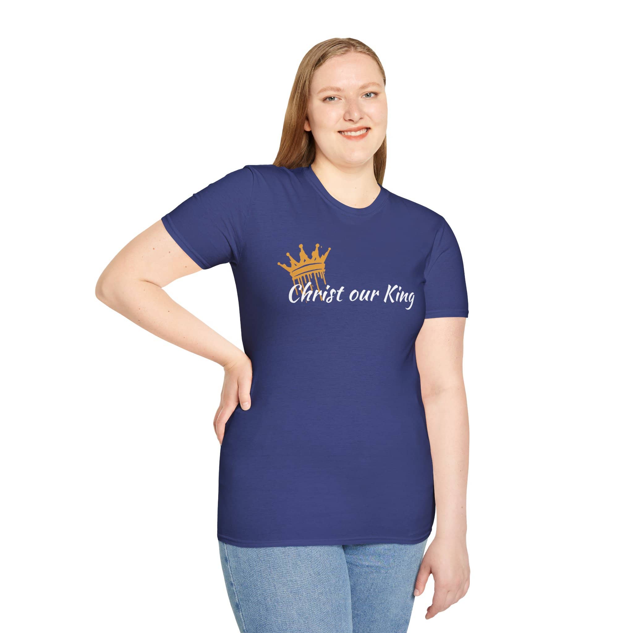 Christian women's t-shirt in navy blue with Christ our King gold crown design by Logos 