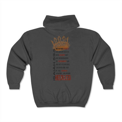 Christian zip hoodie in dark grey featuring a bold Isaiah 53:5 design on the back