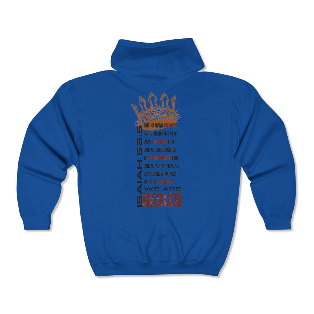 Blue Christian zip hoodie featuring inspirational Isaiah 53:5 design on the back