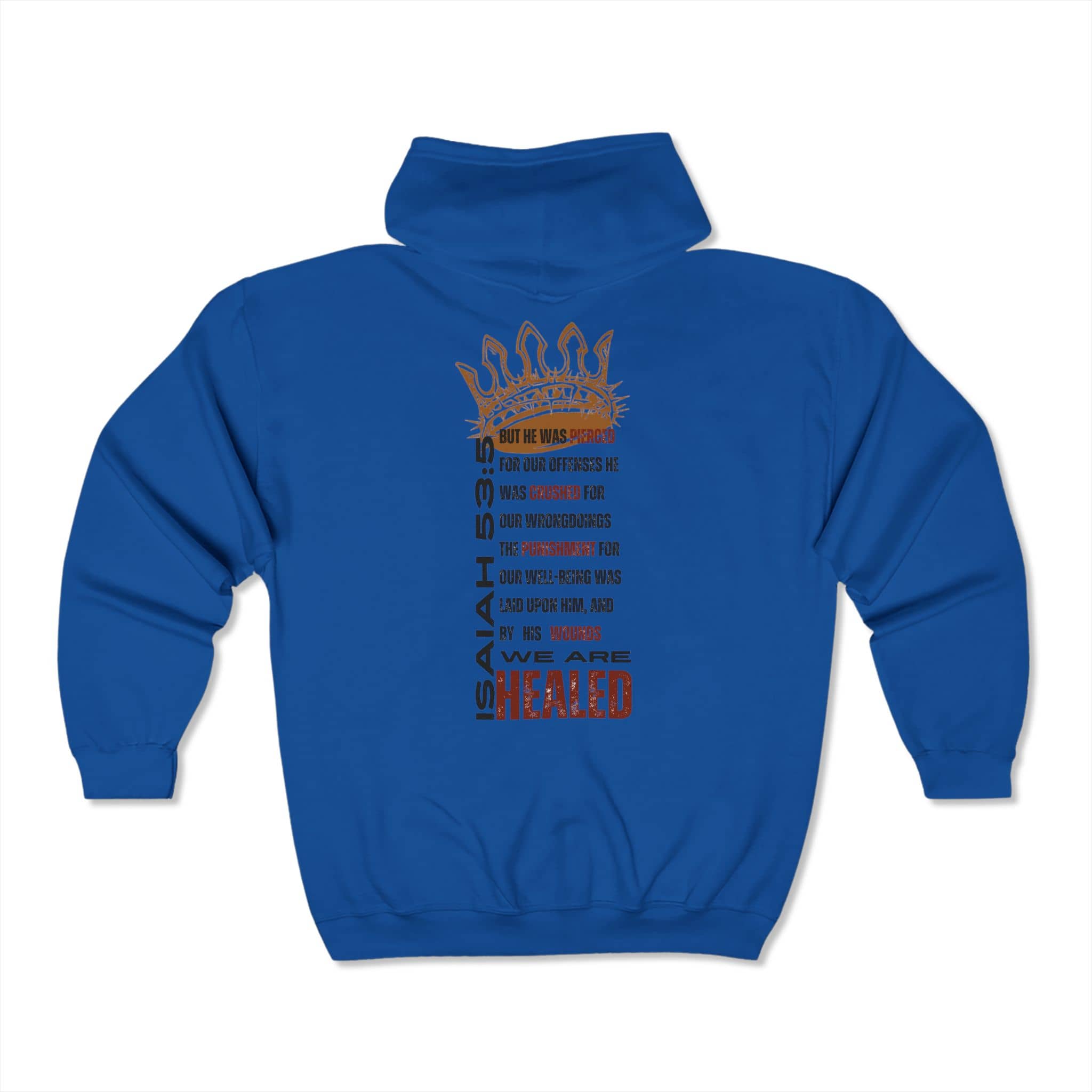 Blue Christian zip hoodie featuring inspirational Isaiah 53:5 design on the back