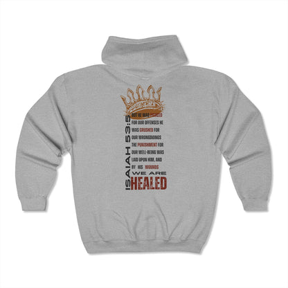 Gray Christian zip hoodie featuring Isaiah 53:5 design with healing message and crown graphic