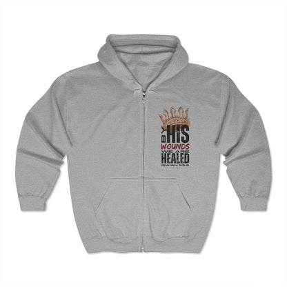Christian zip hoodie in gray with inspirational design featuring 'By His Wounds We Are Healed' Scripture