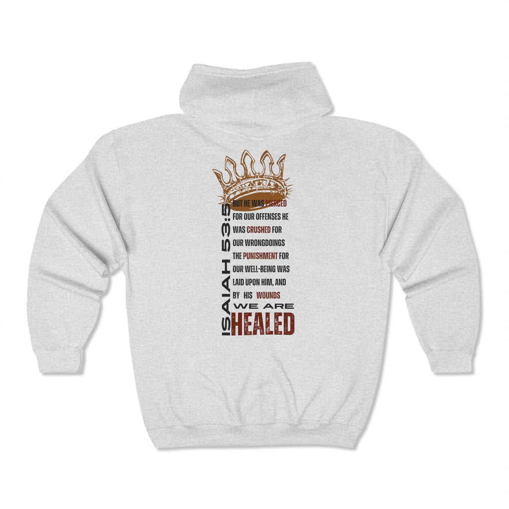 Gray Christian zip hoodie featuring Isaiah 53:5 text and a crown design on the back