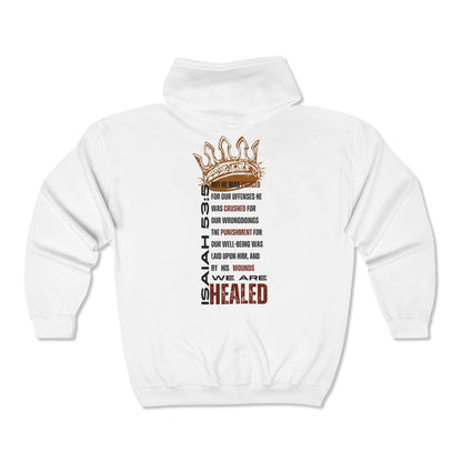 White Christian zip hoodie featuring Isaiah 53:5 text and crown design for faith-inspired wear