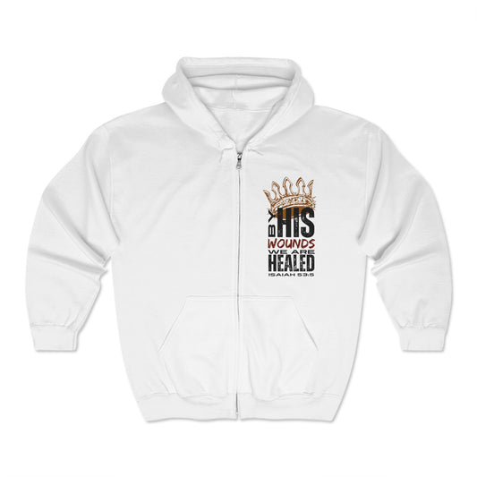 Christian zip hoodie in white with inspirational text from Isaiah 53 5