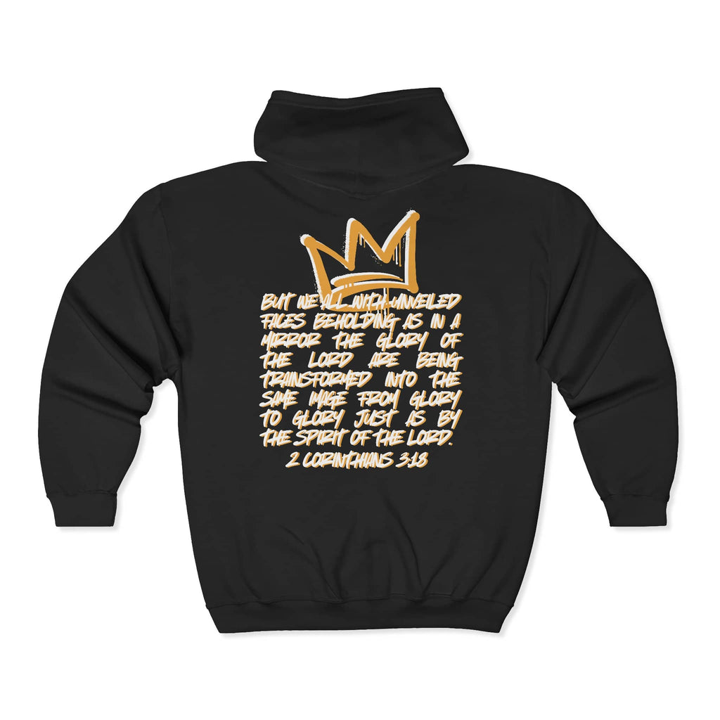 Christian zip up hoodie with gold crown design and scripture in black from the back view
