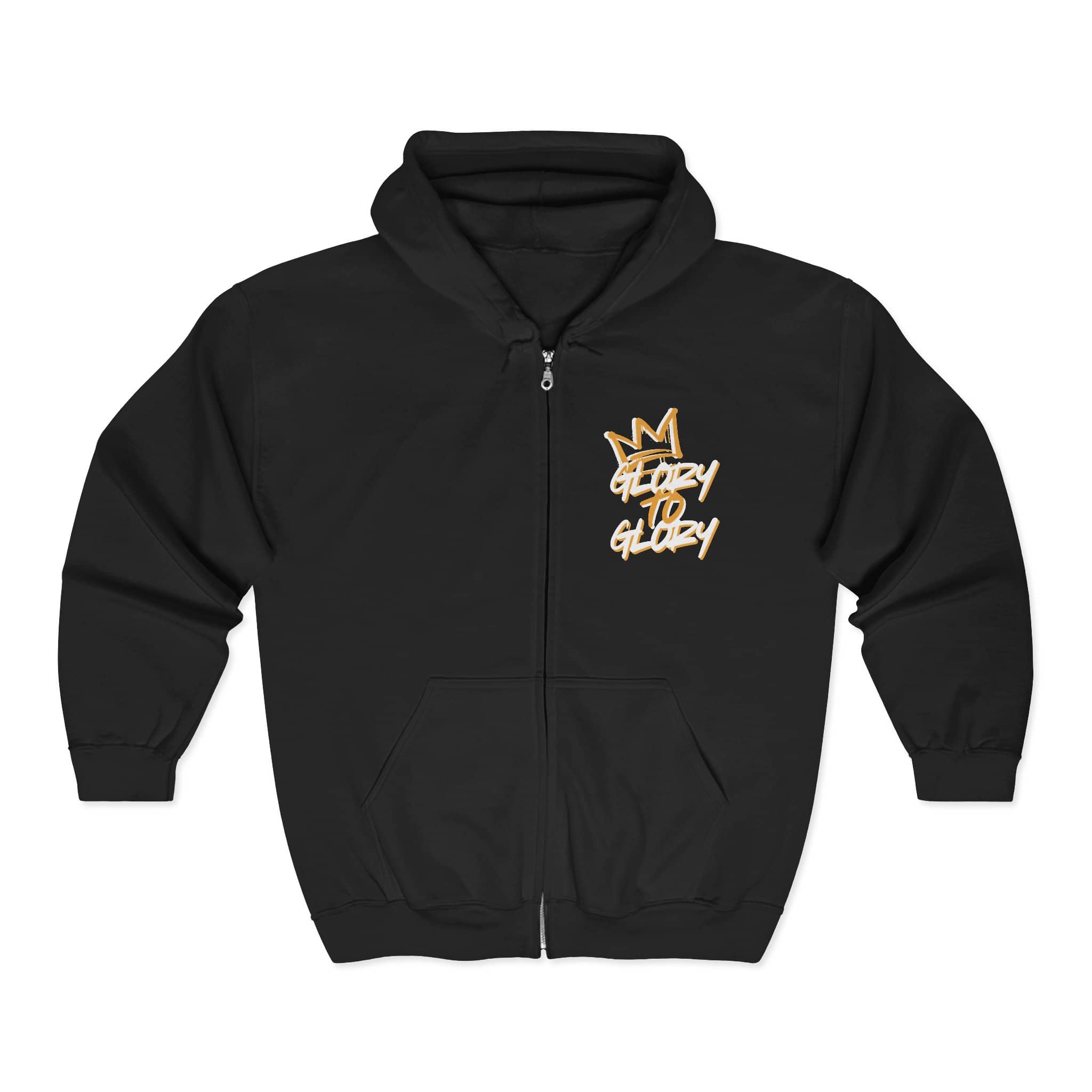 Christian zip up hoodie with 'Glory to Glory' design in gold on black, front view