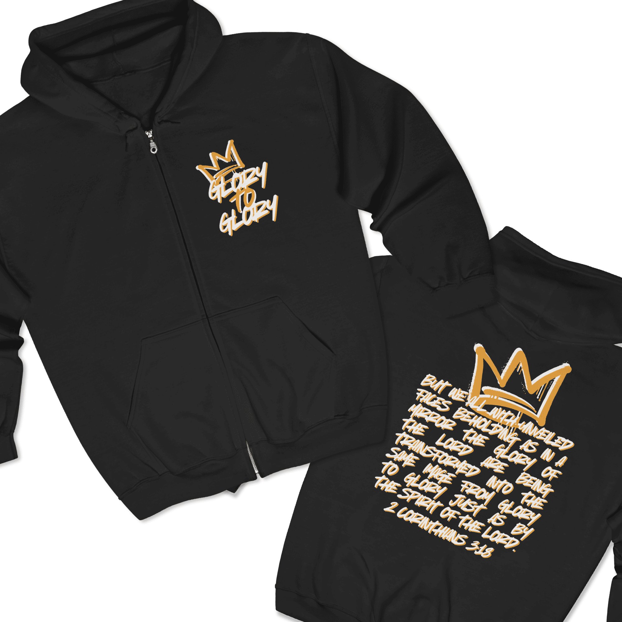 Christian zip up hoodie in black featuring scripture 2 Corinthians 3:18 on the back