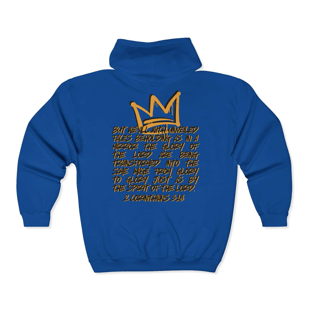 Christian zip up hoodie in blue featuring a scripture design on the back