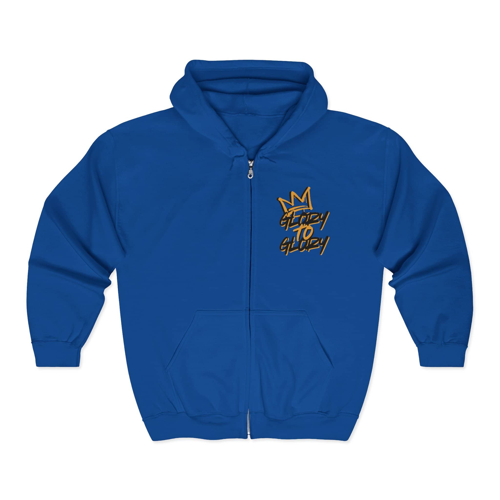Blue Christian zip up hoodie with 'Glory to Glory' design on the front