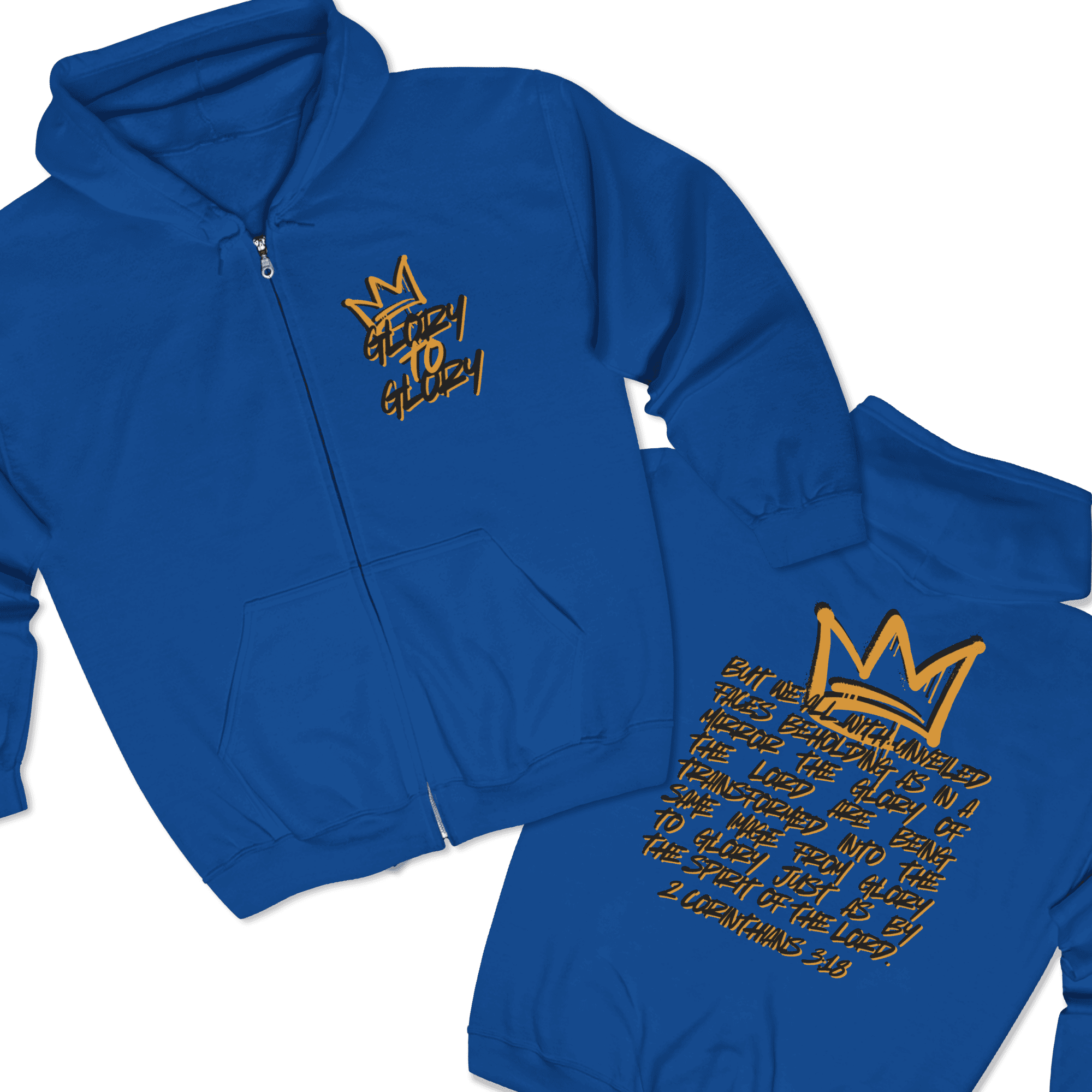 Christian zip up hoodie in blue with 'Glory to God' scripture on the back view