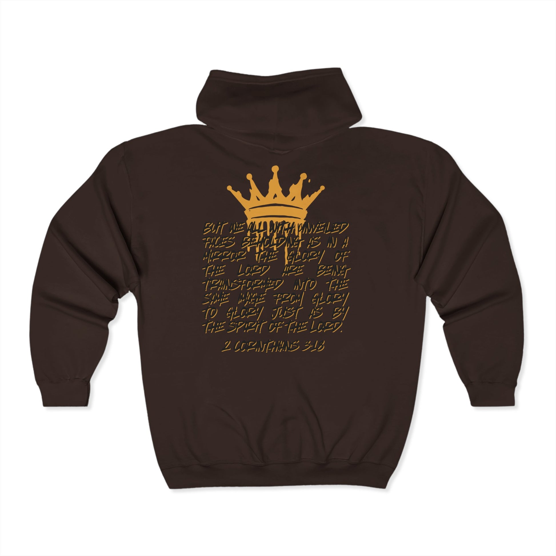 Logos Christian zip up hoodie in dark brown with gold crown and scripture design on the back