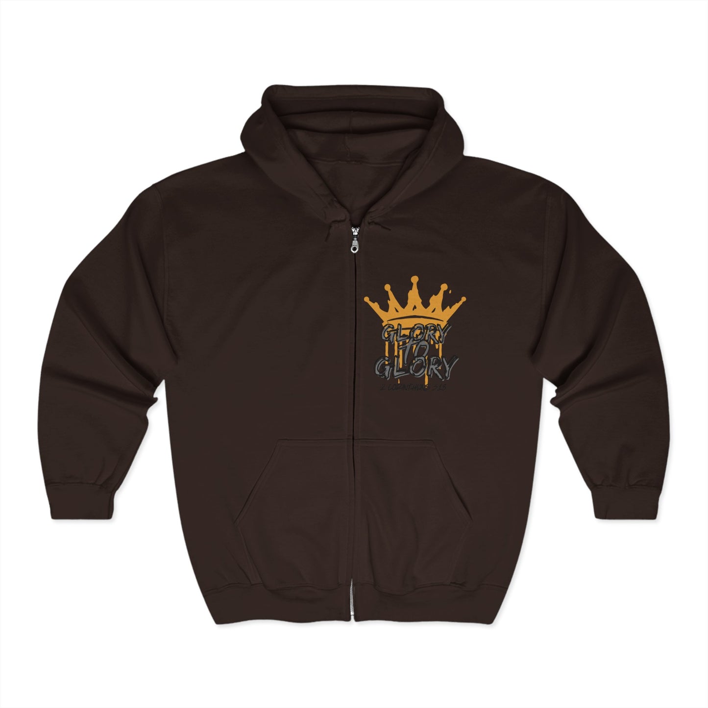 Logos brown Christian zip up hoodie with gold crown and Glory to Glory text design on front