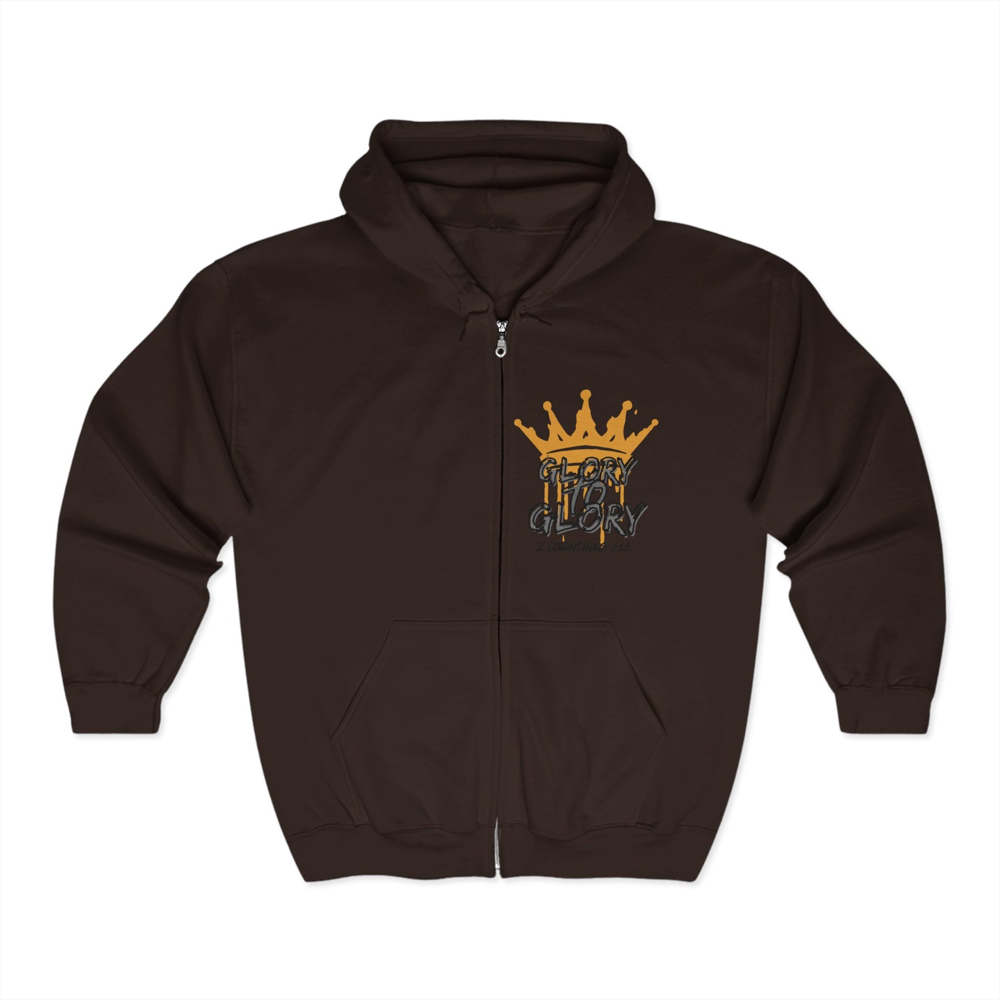 Logos brown Christian zip up hoodie with gold crown and Glory to Glory text design on front