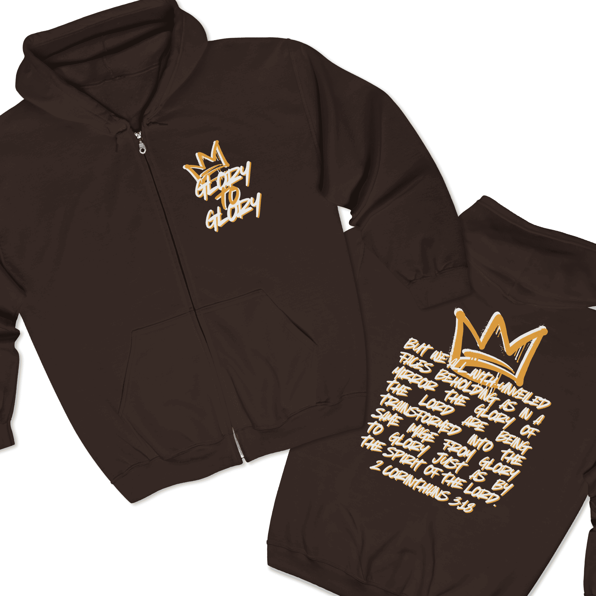 Christian zip up hoodie with crown design and scripture in brown front view