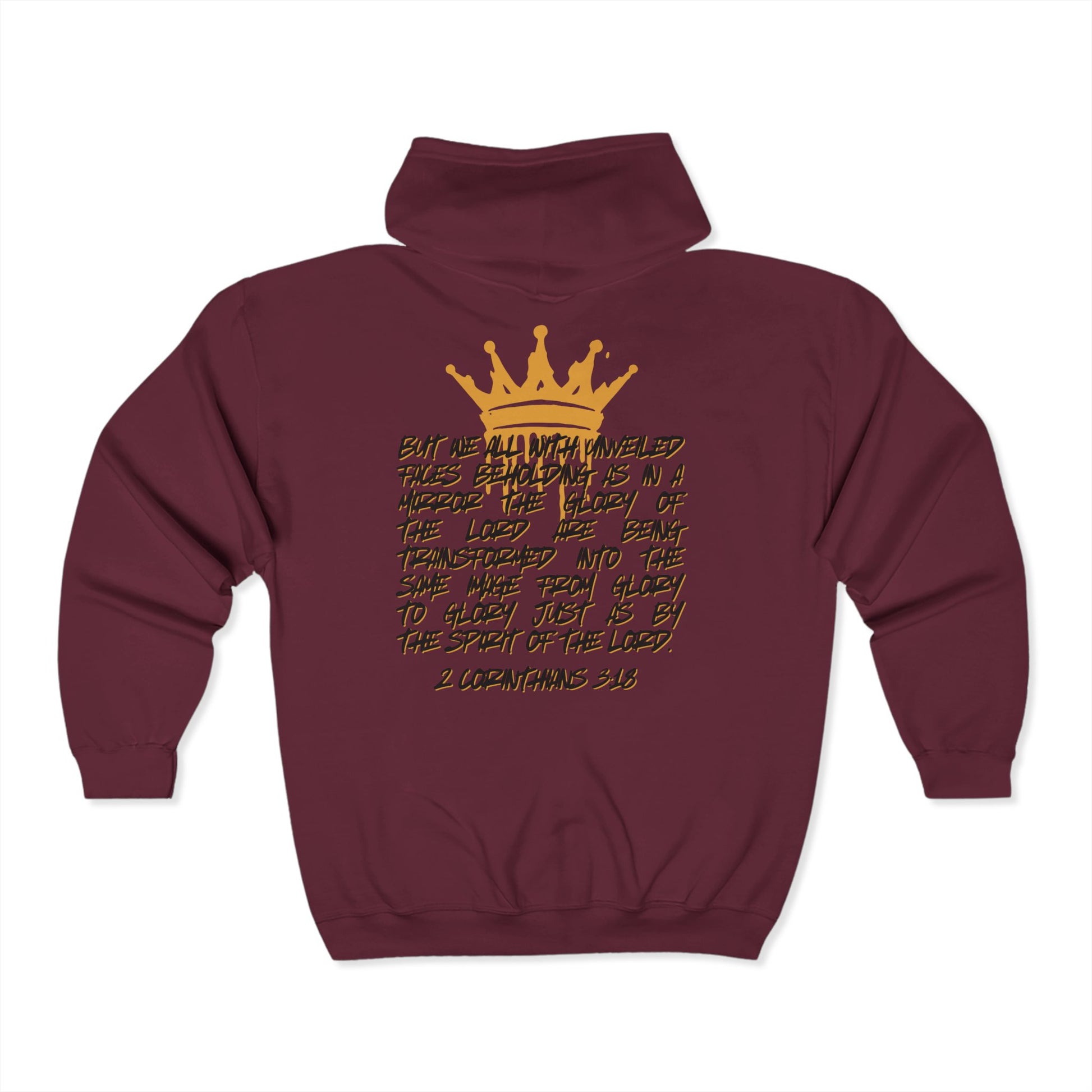 Maroon Christian zip up hoodie from Logos featuring a gold crown and 2 Corinthians 3:18 scripture on the back