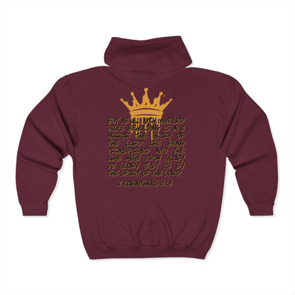 Maroon Christian zip up hoodie from Logos featuring a gold crown and 2 Corinthians 3:18 scripture on the back
