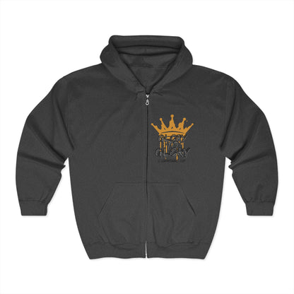 Logos charcoal Christian zip up hoodie with gold crown and Glory to Glory text design