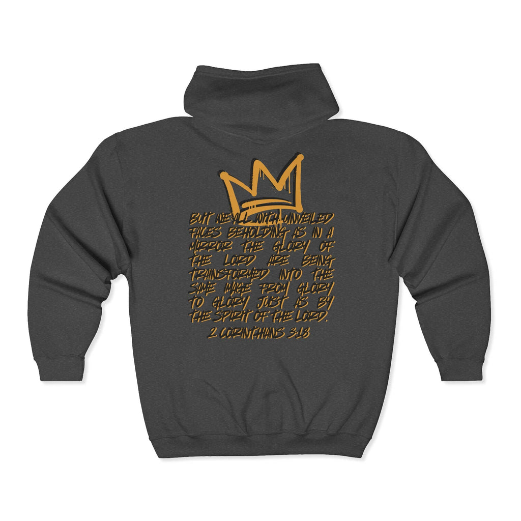 Christian zip up hoodie with a gold crown design and scripture on the back in charcoal color