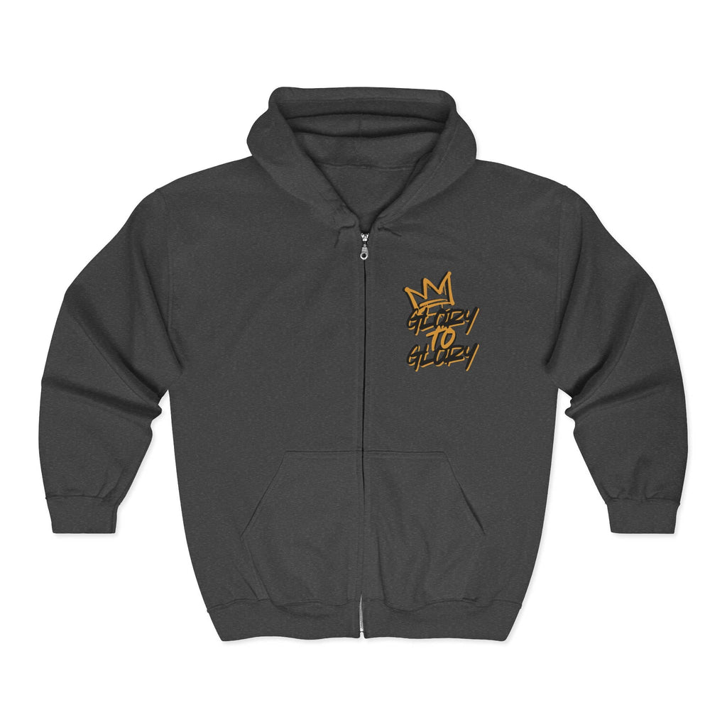 Christian zip up hoodie with 'Glory to Glory' phrase in gold on dark gray front view