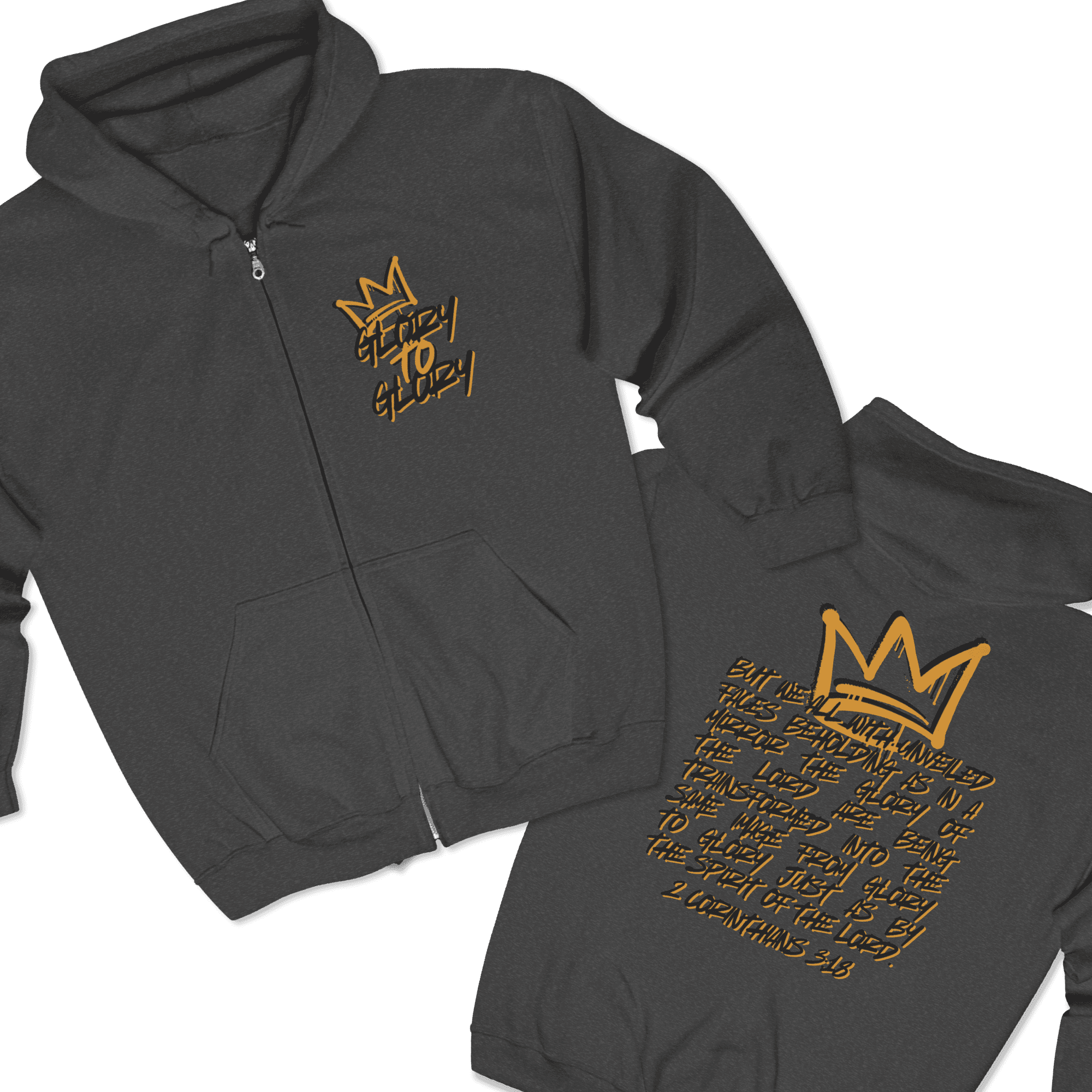 Christian zip up hoodie with scripture design in gray featuring 'Glory to Glory' on the front