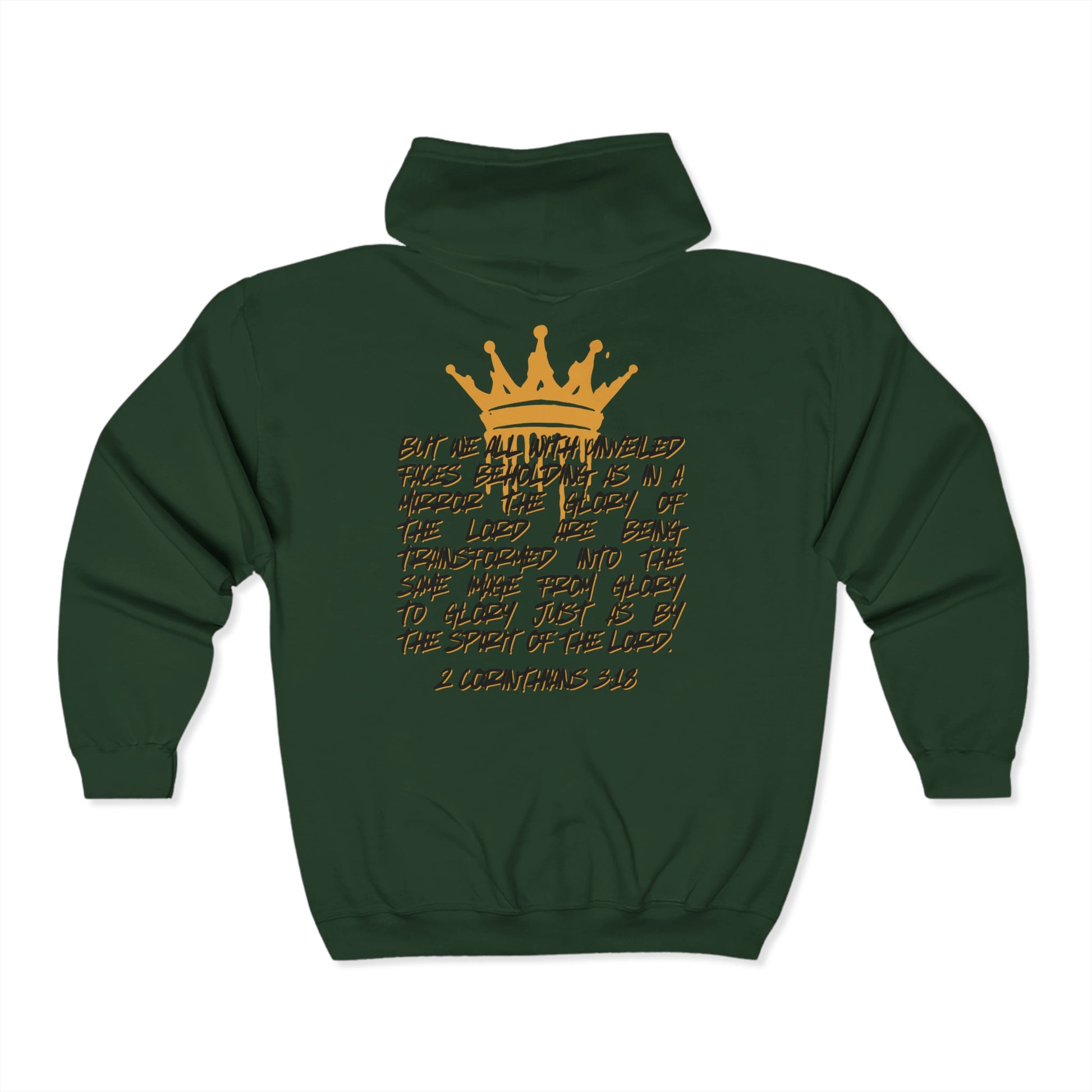 Dark green Christian zip up hoodie with gold crown and Bible verse design on the back by Printify