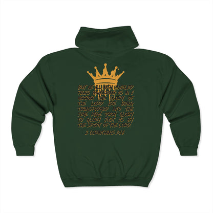 Dark green Christian zip up hoodie with gold crown and Bible verse design on the back by Printify