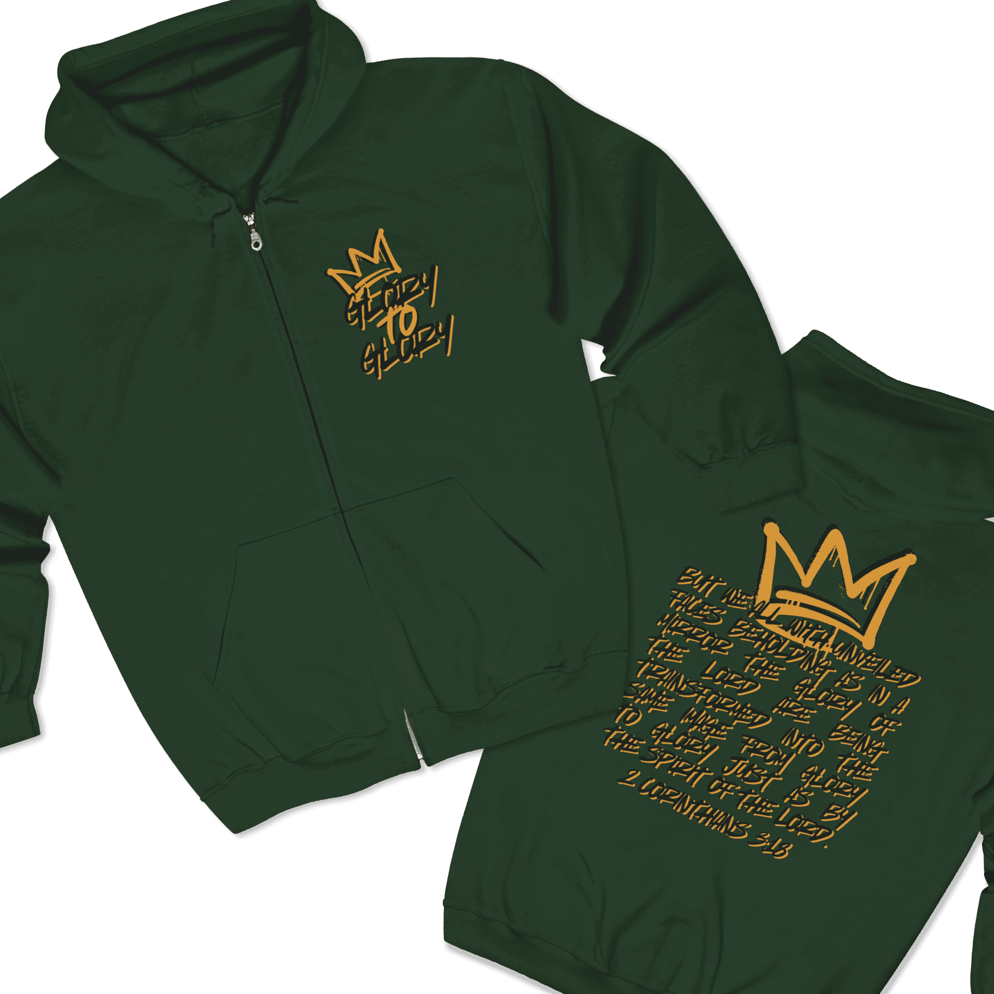 Christian zip up hoodie with inspirational scripture in orange on green fabric, front view