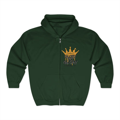 Logos Christian zip up hoodie in forest green with gold crown and Glory to Glory graphic on chest