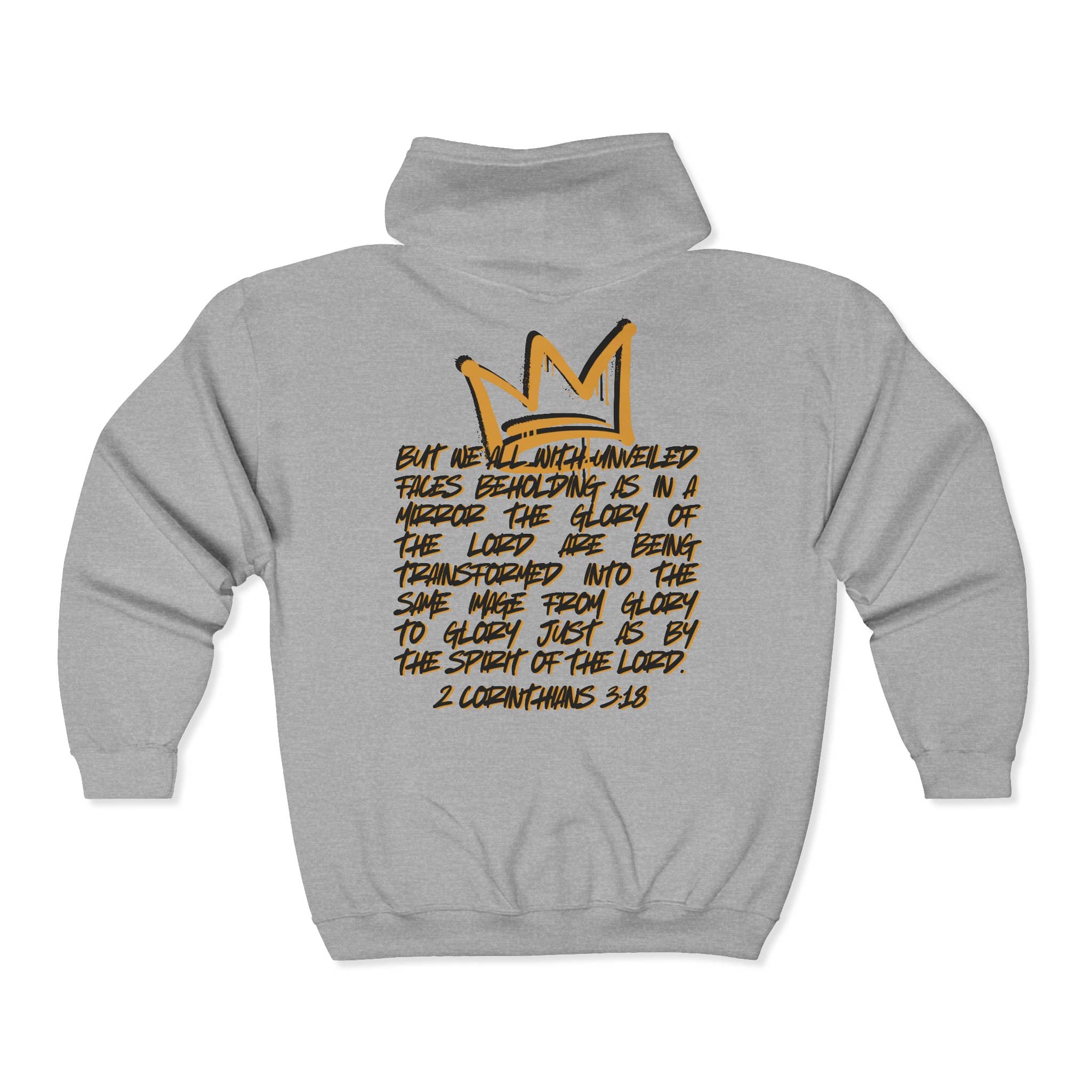 Christian zip up hoodie in gray featuring scripture from 2 Corinthians 3:18 on the back
