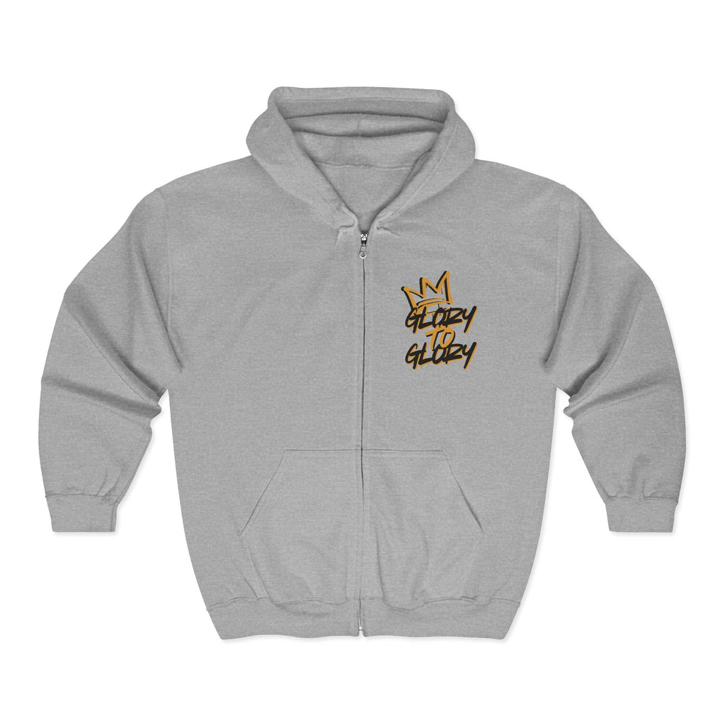 Christian zip up hoodie in light grey with 'Glory to Glory' printed in black on the front