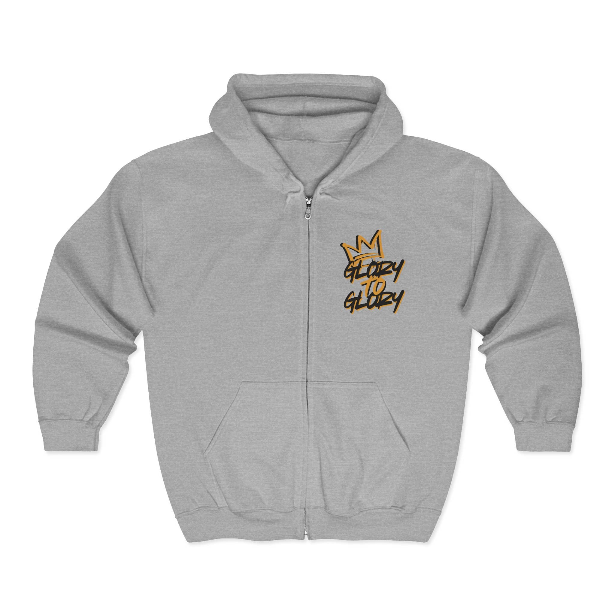 Christian zip up hoodie in light grey with 'Glory to Glory' printed in black on the front