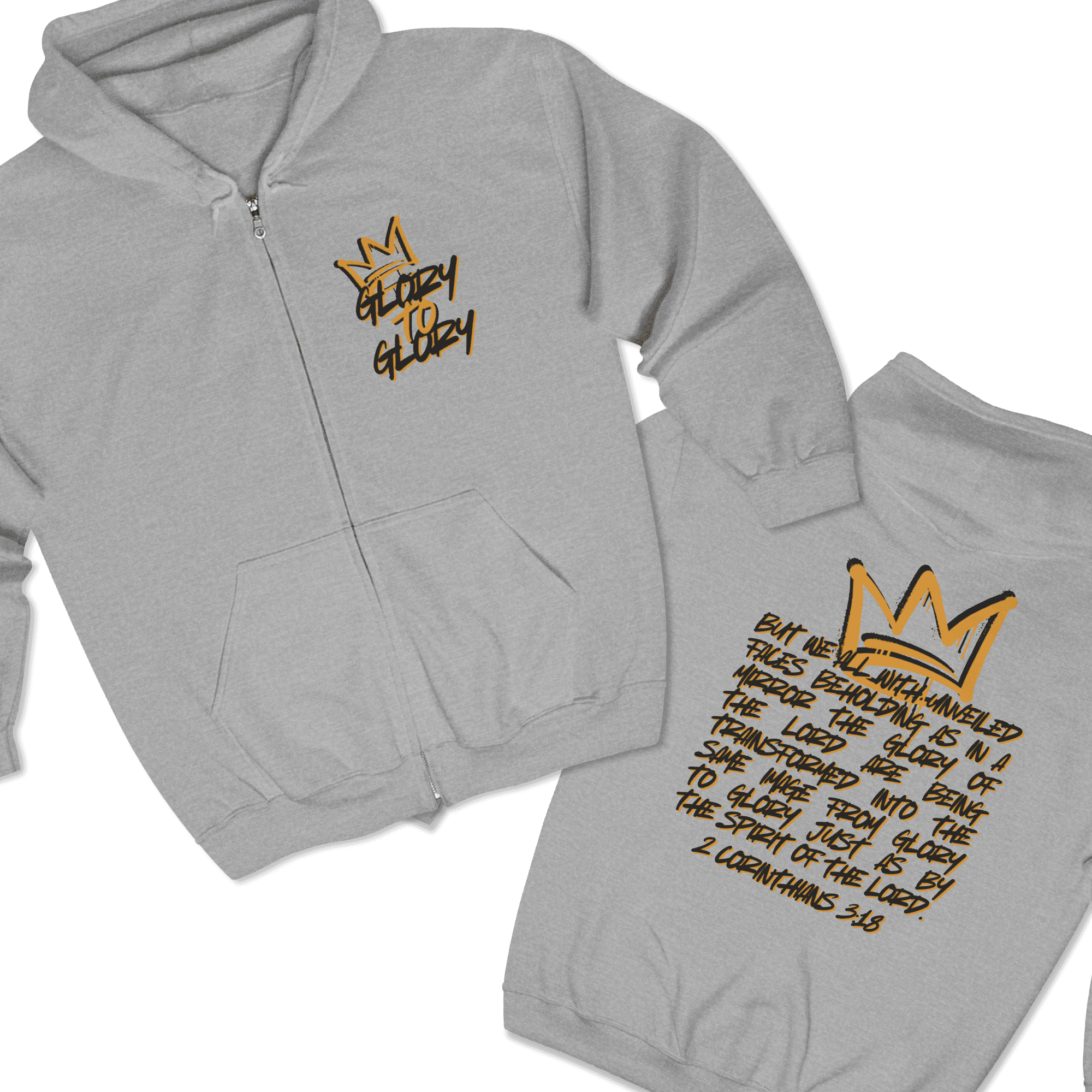 Christian zip up hoodie in gray featuring the phrase 'Glory to Glory' with a crown design on the front