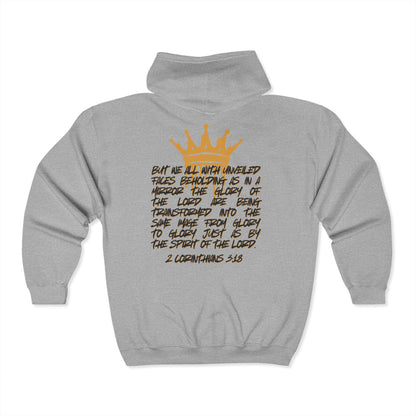 Heather gray Christian zip up hoodie with 2 Corinthians 3:18 scripture and gold crown design on back