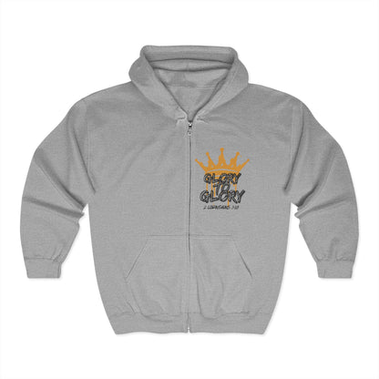 Logos gray Christian zip up hoodie with front zipper and Glory to Glory design with crown