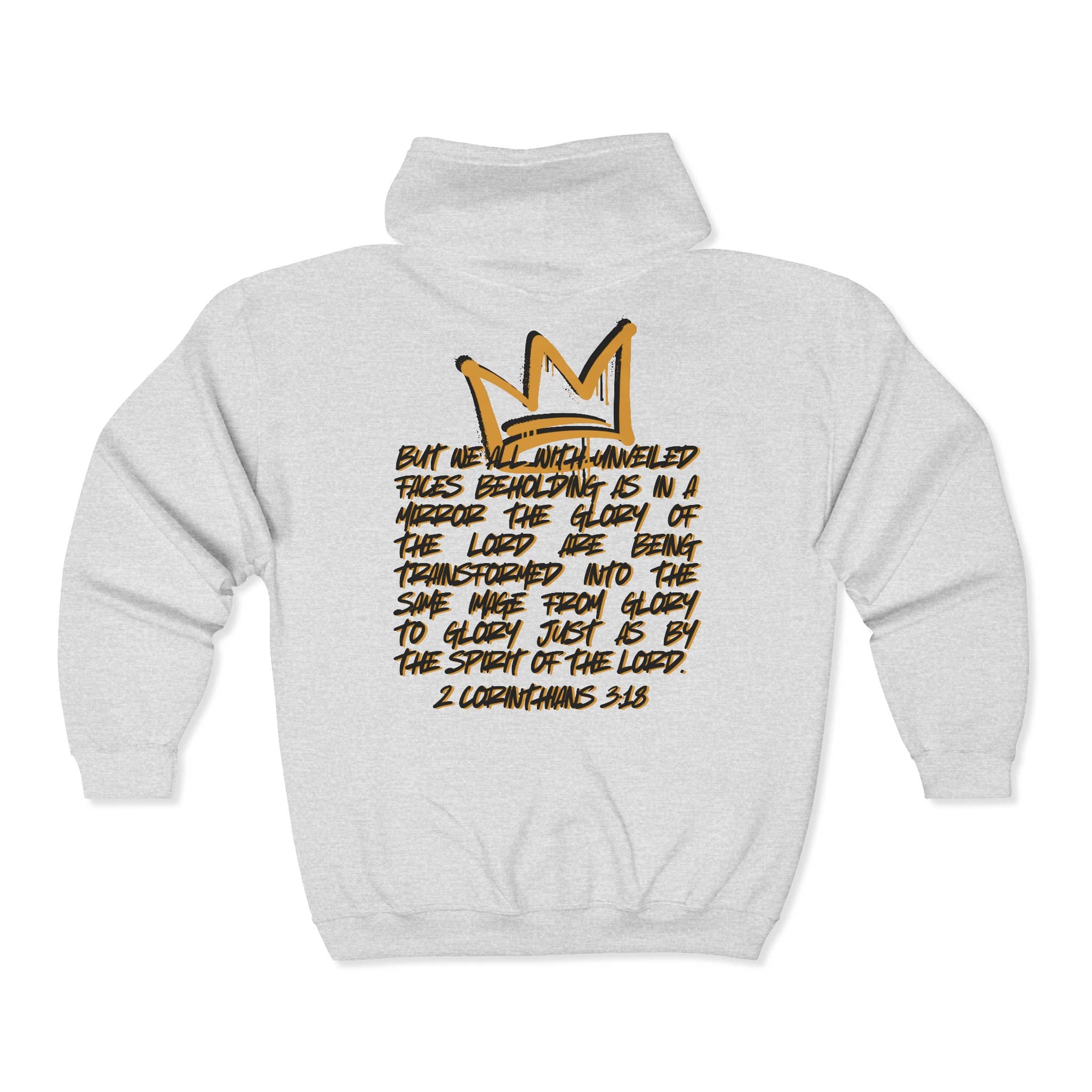 Christian zip up hoodie with scripture 2 Corinthians 3:18 in grey view from back