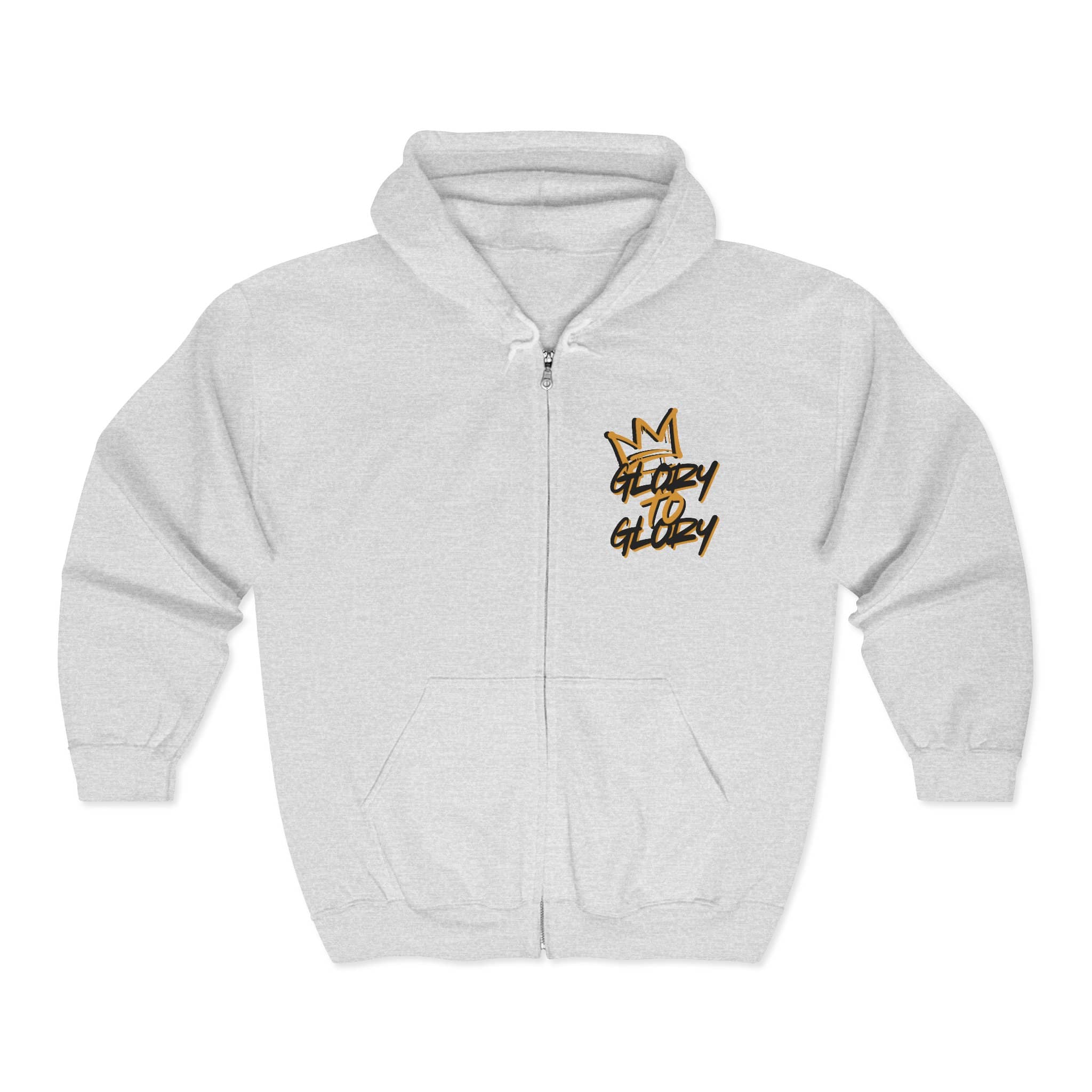 Christian zip up hoodie with 'Glory Glory' design in gold on light gray front view