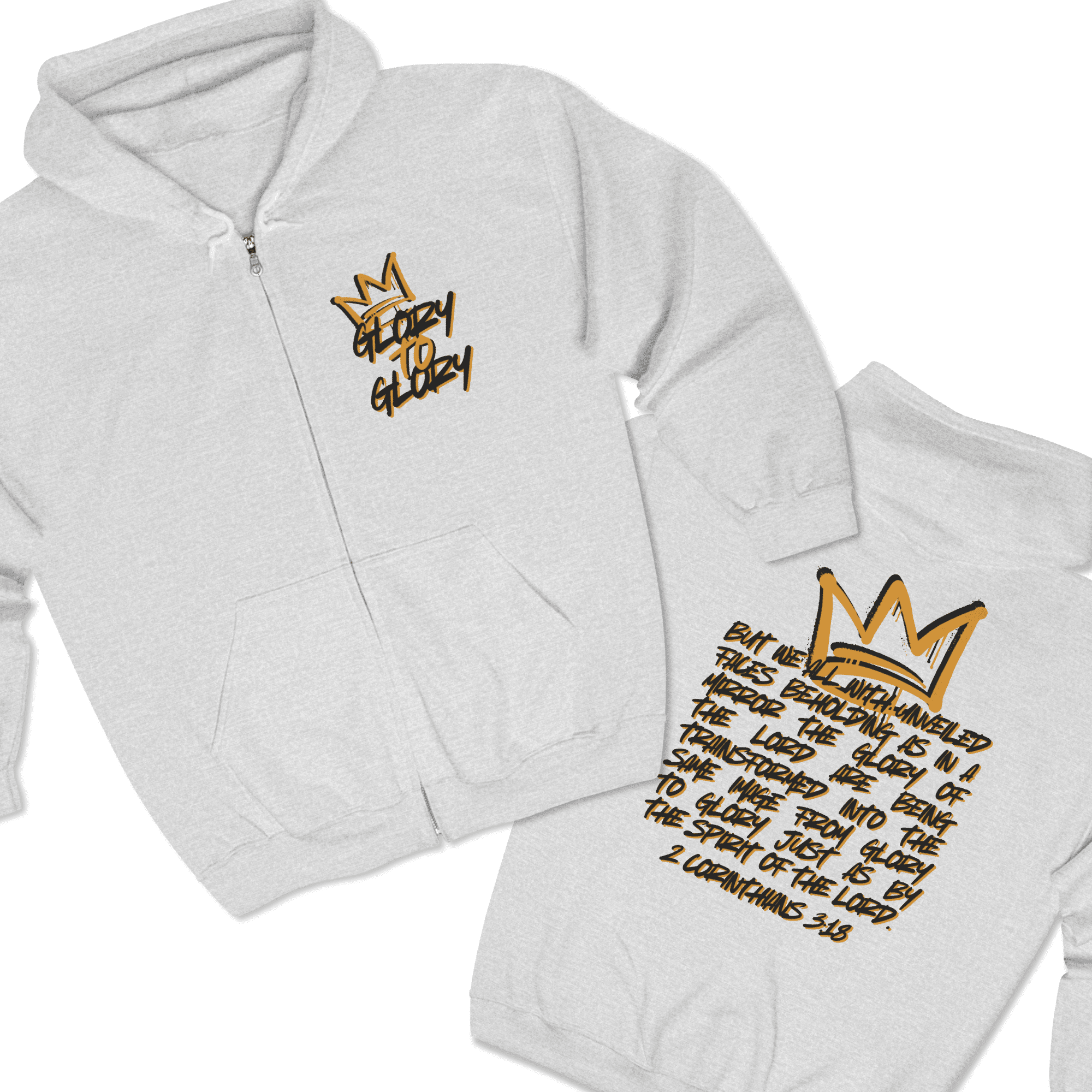 Christian zip up hoodie with 'Glory to Glory' phrase in gray, front and back views