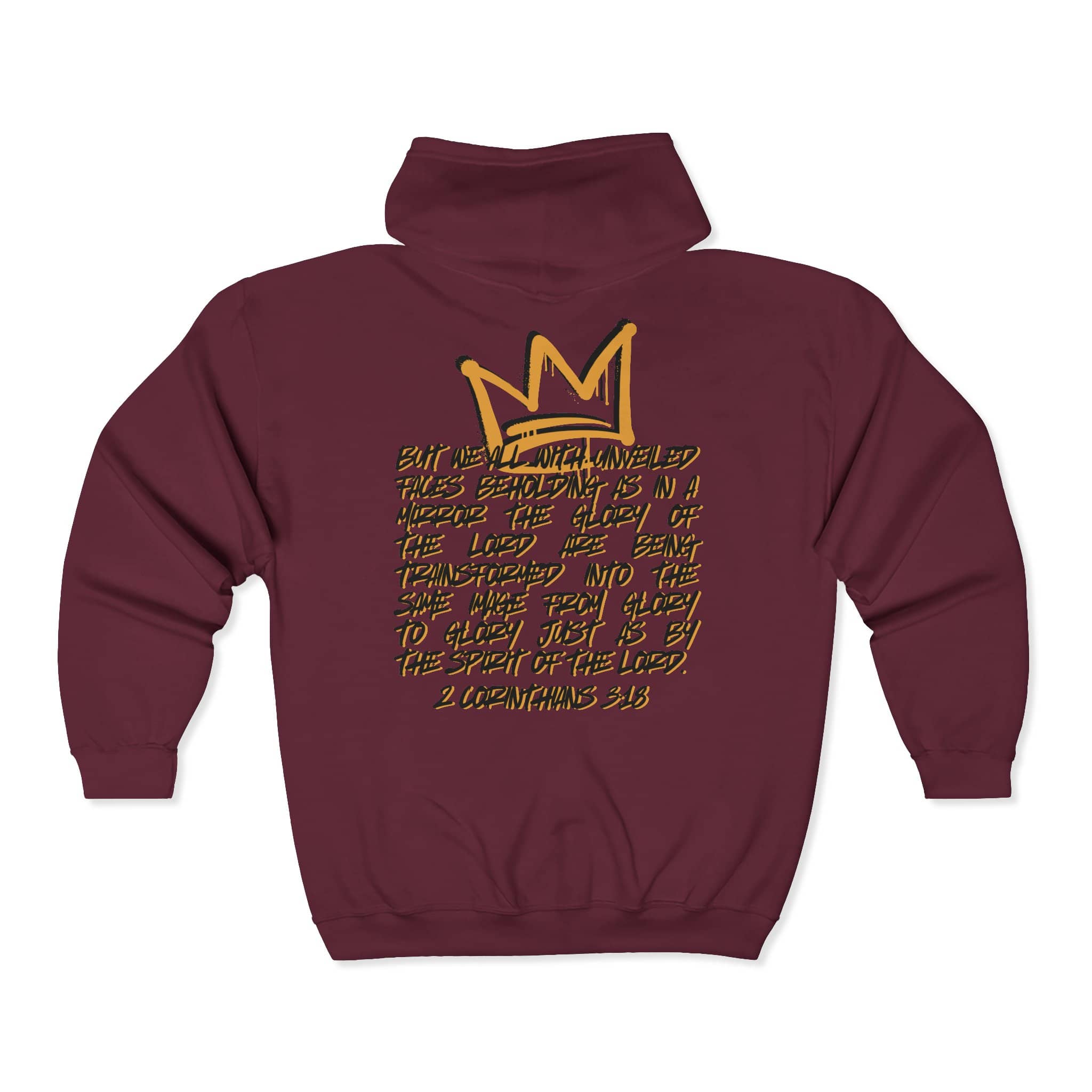 Christian zip up hoodie in maroon featuring a gold crown graphic and scripture on the back