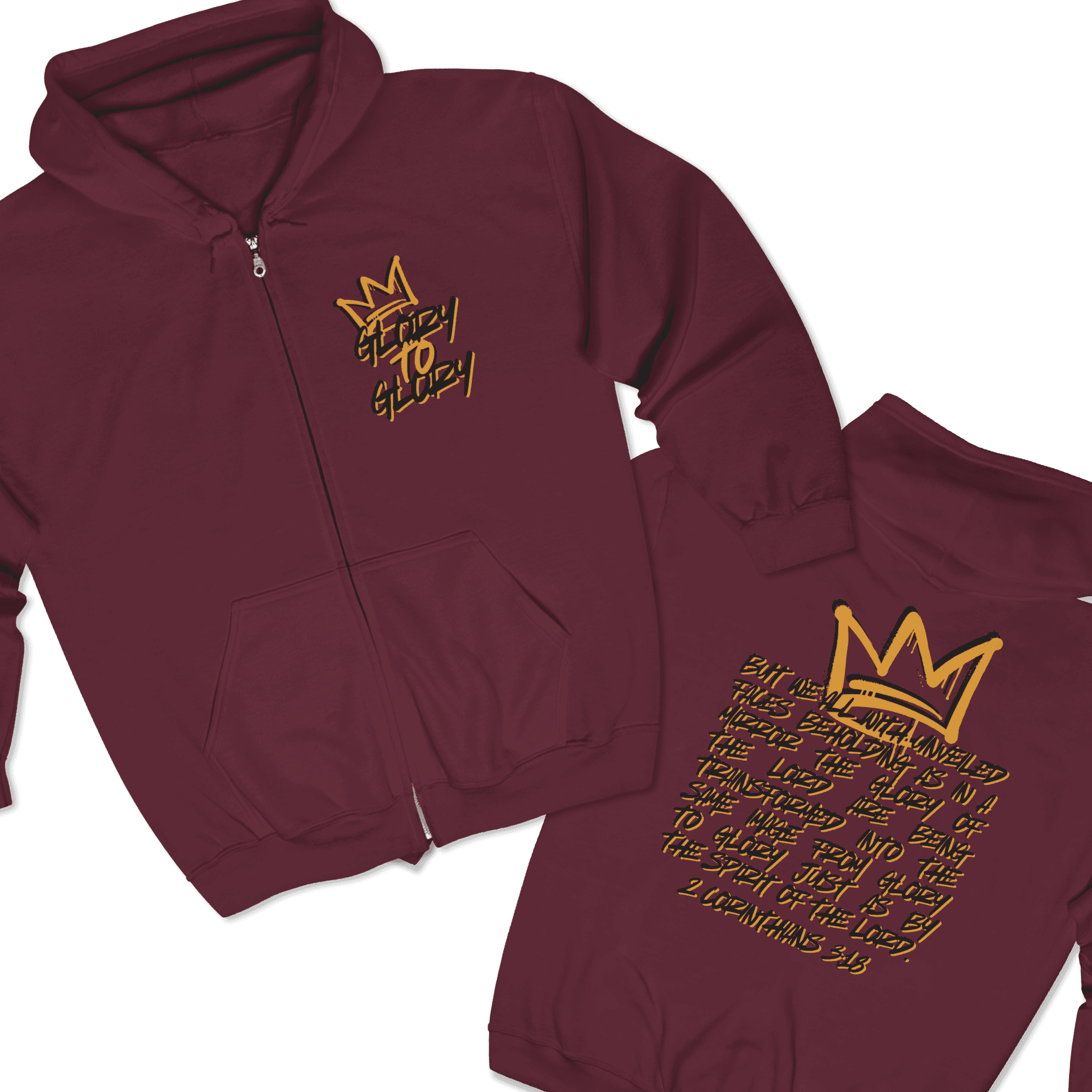 Christian zip up hoodie in maroon featuring gold crown design and scripture on the back