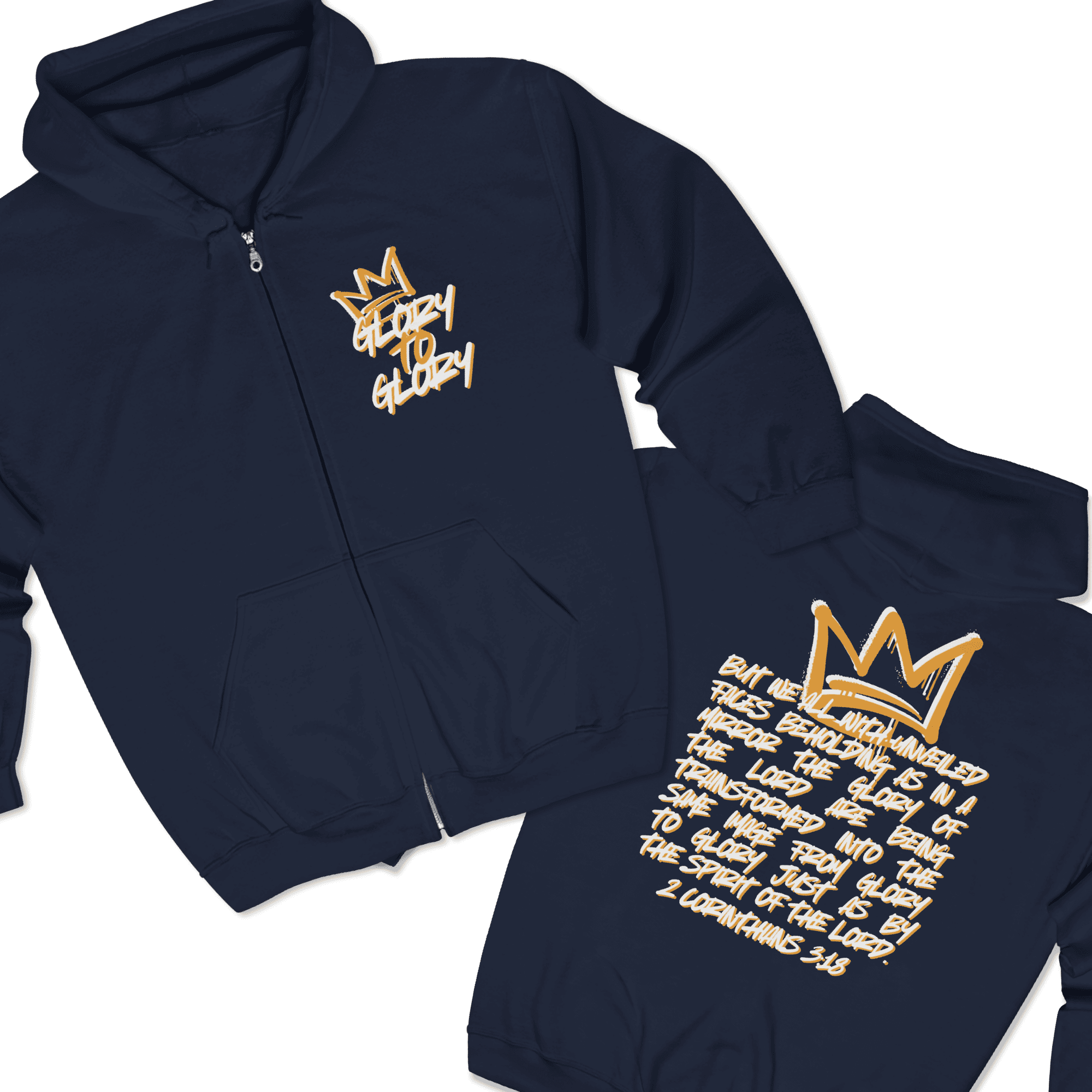 Christian zip up hoodie with 'Glory to Glory' text in gold on navy blue, front view featuring a crown design