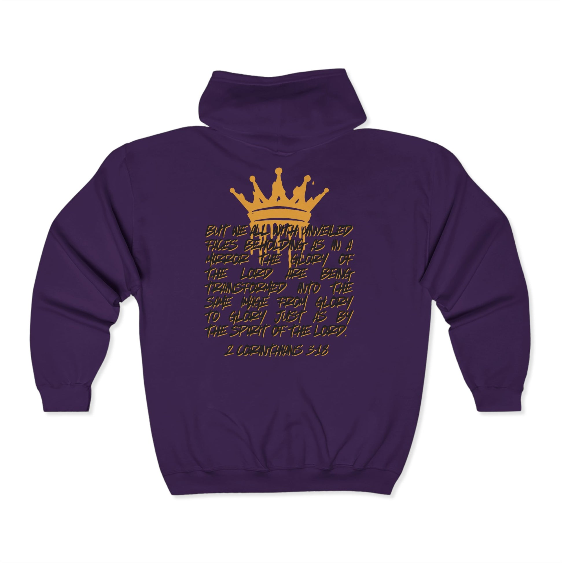 Purple Christian zip up hoodie with gold crown and Bible verse 2 Corinthians 3:18 on back