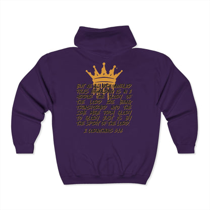 Purple Christian zip up hoodie with gold crown and Bible verse 2 Corinthians 3:18 on back