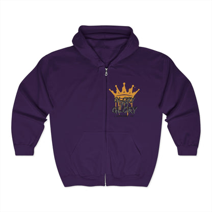 Purple Christian zip up hoodie with gold crown and Glory to Glory text design by Logos
