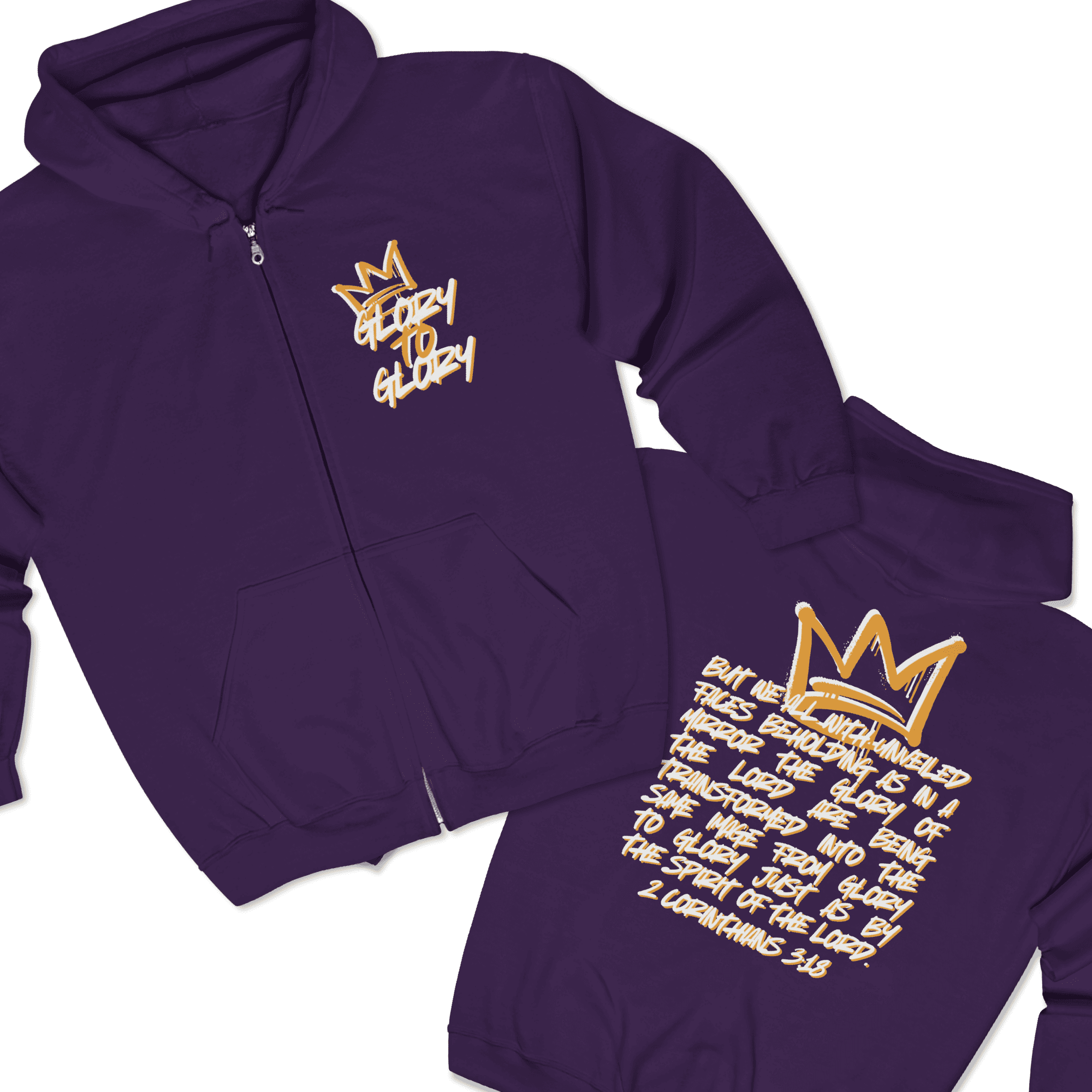 Christian zip up hoodie in purple featuring a crown graphic and scripture from 2 Corinthians 3:18 on back