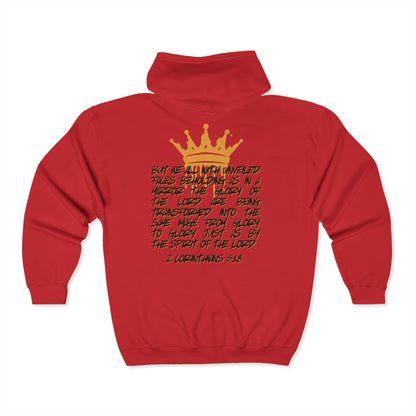 Red Christian zip up hoodie with gold crown and Bible verse 2 Corinthians 3:18 on back