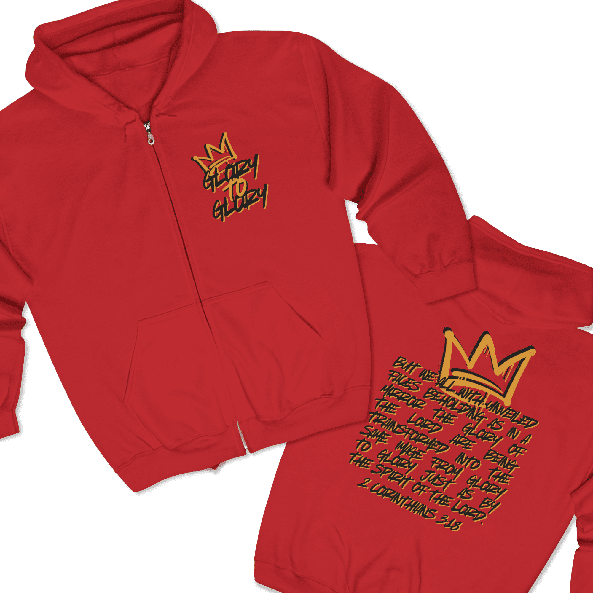 Christian zip up hoodie in red with crown design and scripture on back side
